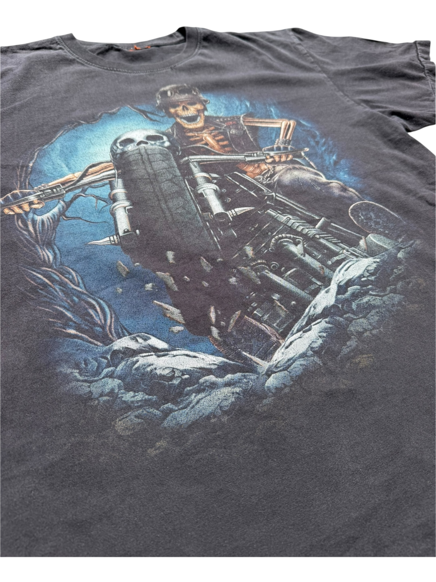 Vintage Y2K Rock Eagle Skeleton Biker Graphic T-Shirt | Faded Charcoal | XL