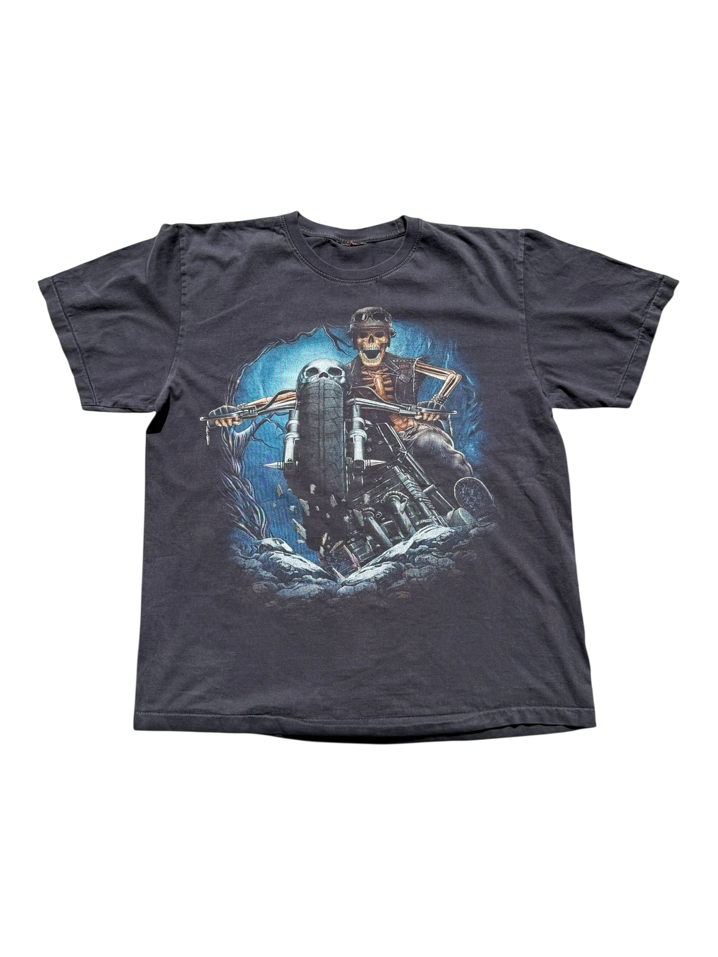 Vintage Y2K Rock Eagle Skeleton Biker Graphic T-Shirt | Faded Charcoal | XL
