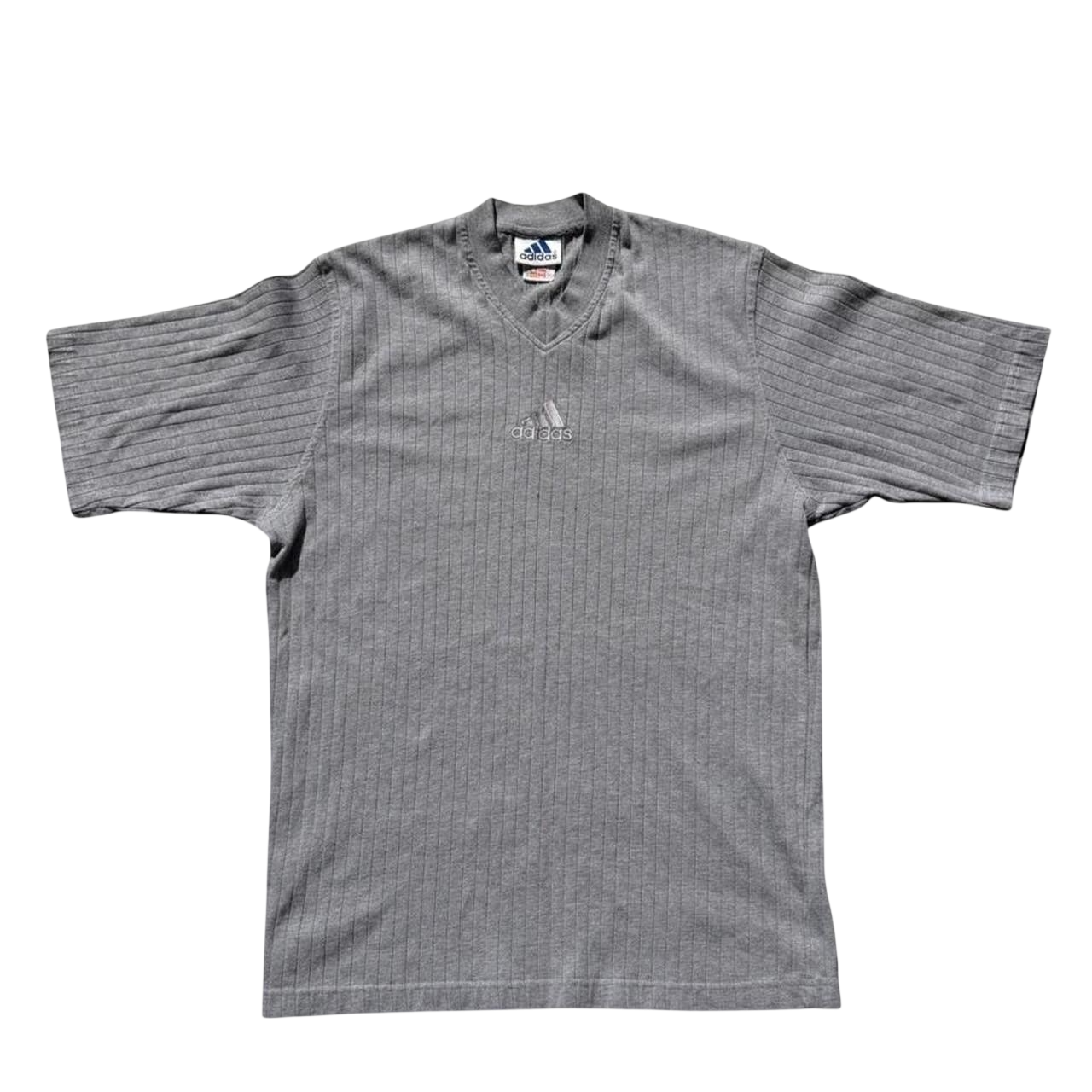 Vintage 1999 Adidas Ribbed V-Neck Centre Logo T-Shirt