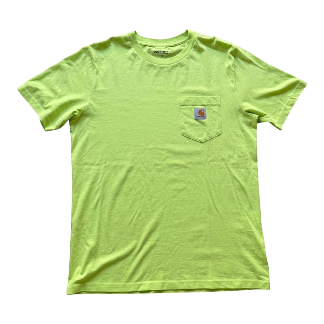 Lime green Carhartt pocket T-shirt by The Hennessy Archive, casual workwear style, front view showing chest pocket and soft fabric.