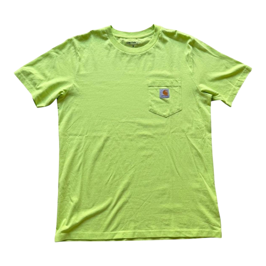 Lime green Carhartt pocket T-shirt by The Hennessy Archive, casual workwear style, front view showing chest pocket and soft fabric.