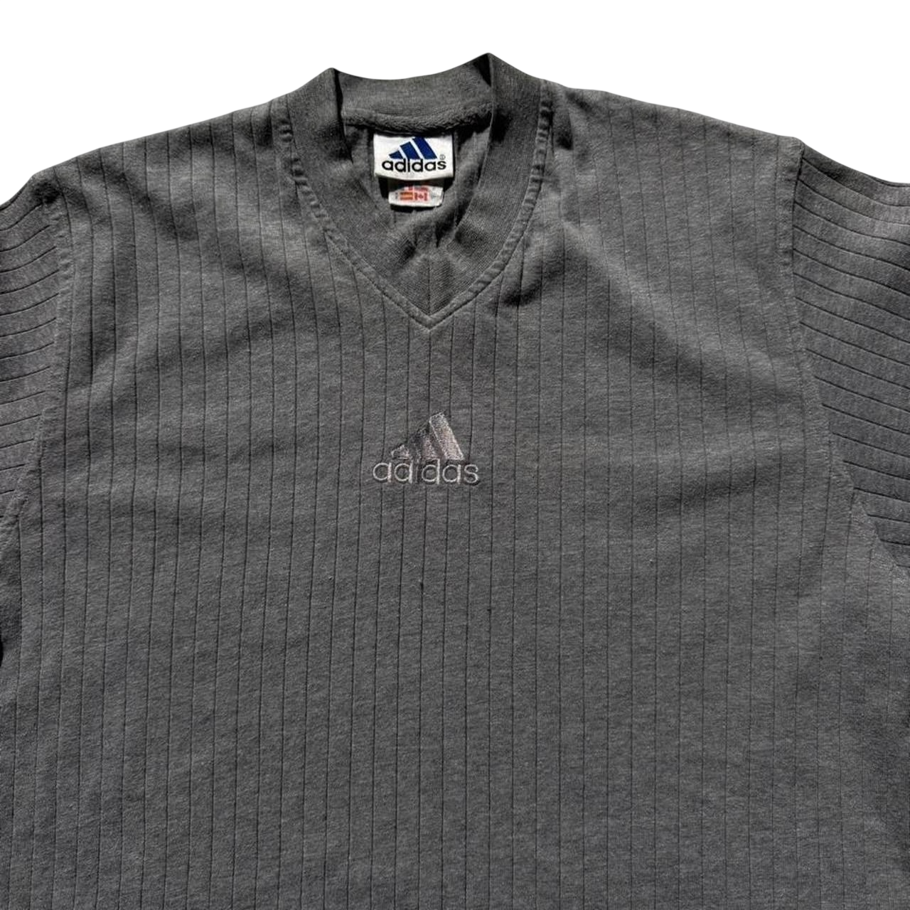 Vintage 1999 Adidas Ribbed V-Neck Centre Logo T-Shirt