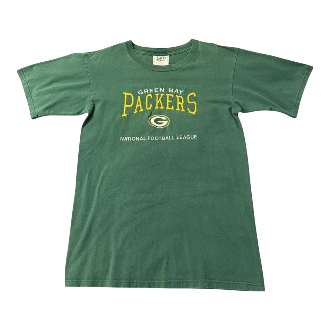 Vintage Green Bay Packers NFL spell out T-shirt by Lee Sport featuring green fabric and 2000s sports team design.