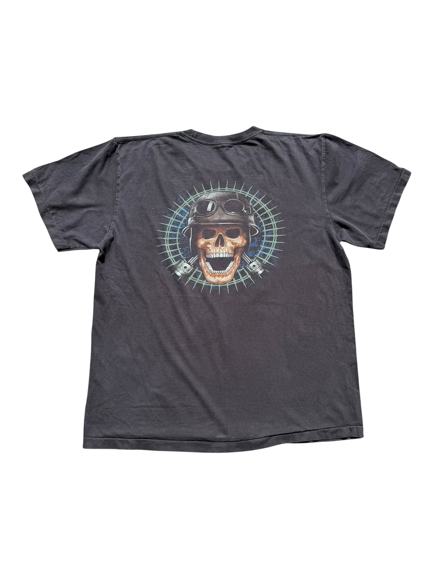 Vintage Y2K Rock Eagle Skeleton Biker Graphic T-Shirt | Faded Charcoal | XL