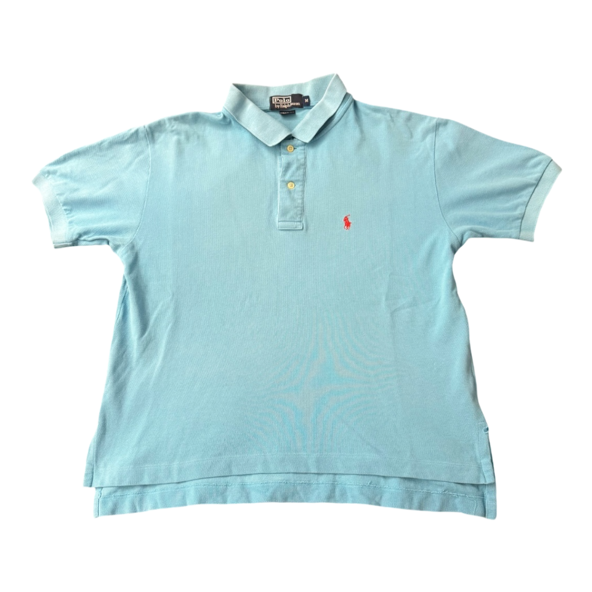 Light blue vintage Polo Ralph Lauren men's button-up polo shirt with boxy fit, displayed on a hanger.