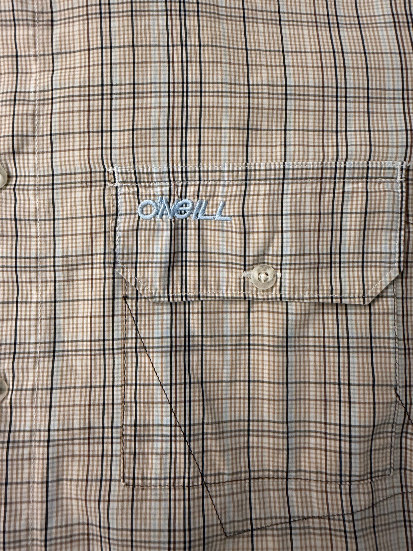 Vintage O'Neill striped button-up polo shirt from the Y2K Surf 2000s collection, featuring bold horizontal stripes and classic fit.