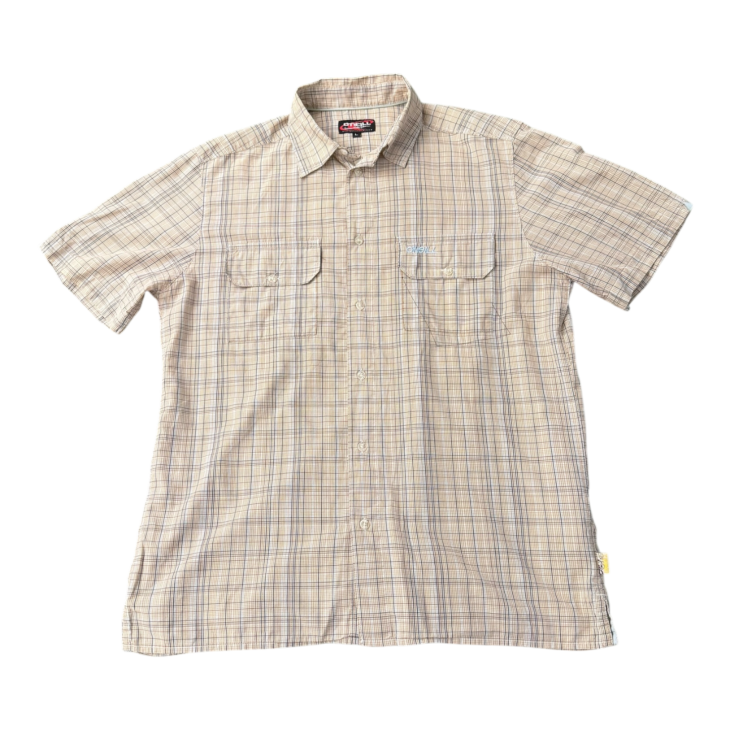 Vintage O'Neill striped button-up polo shirt by The Hennessy Archive, featuring classic Y2K surf style and 2000s casual fashion.