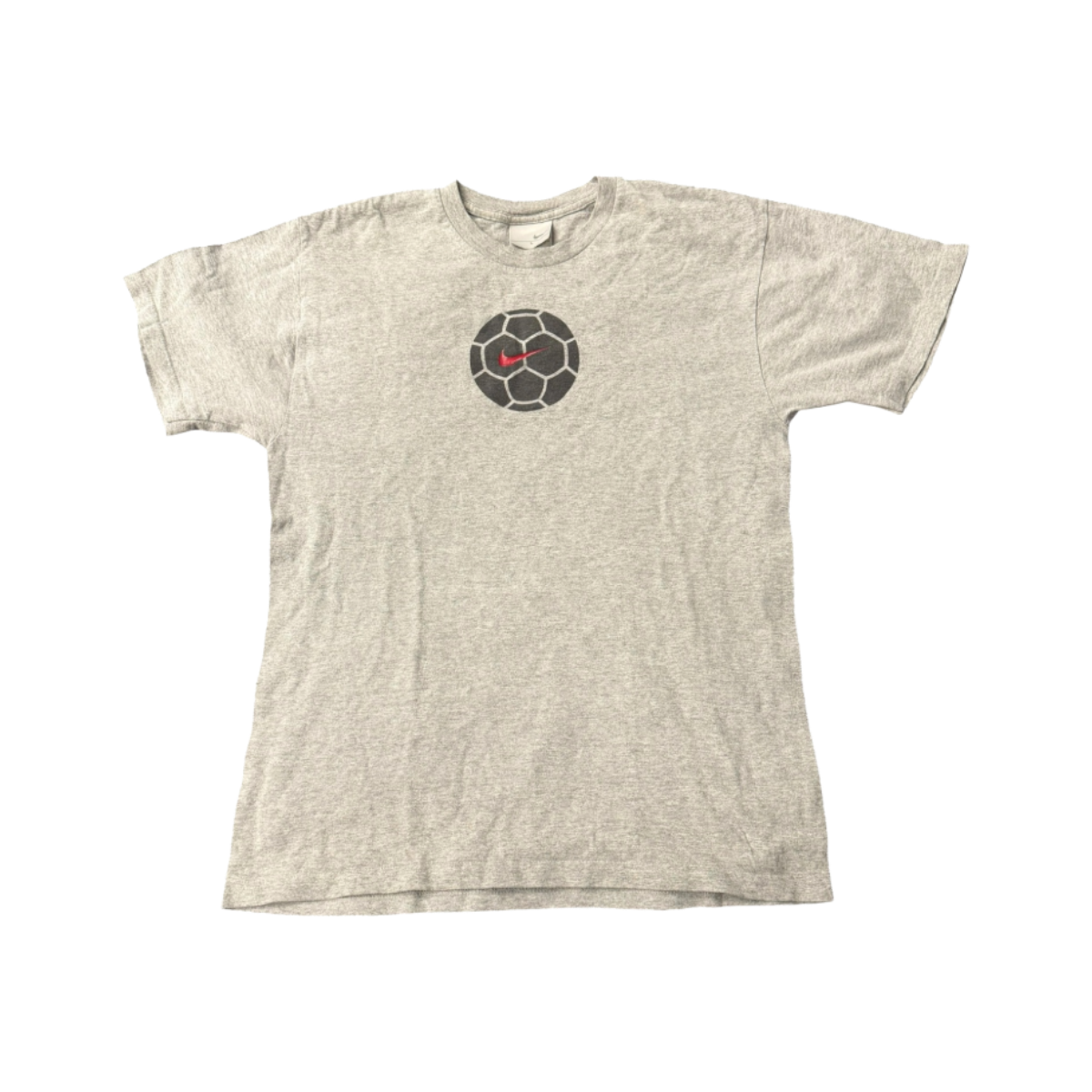 Vintage Nike soccer T-shirt in grey from the 2000s, featuring classic Y2K style and The Hennessy Archive branding.